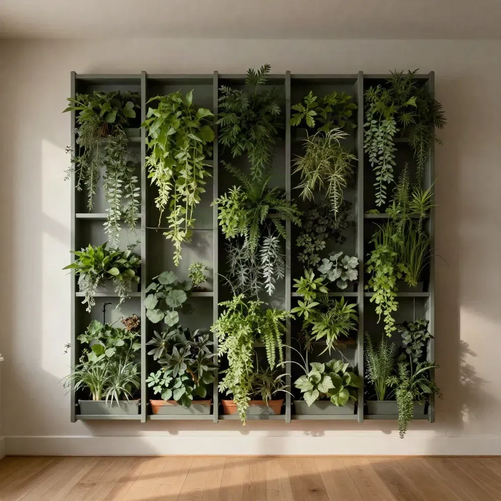 Parete verde interna modulare con piante salvia, intonaco chiaro e pavimento in legno.