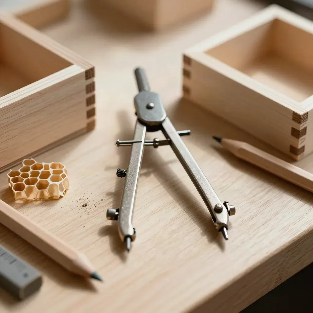 Compasso da disegno e campioni in legno su banco in rovere con polvere fine