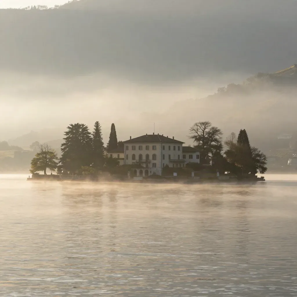 Lago lombardo all'alba con ville storiche e foschia dorata sopra l'acqua calma.