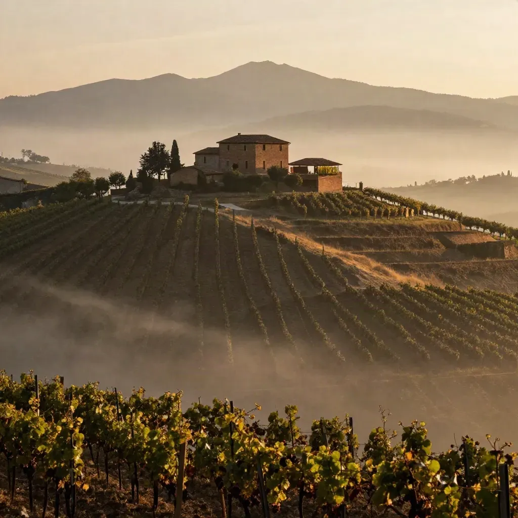 Colline del Piemonte con vigneto, cascina in mattoni e Alpi lontane nella foschia dorata.