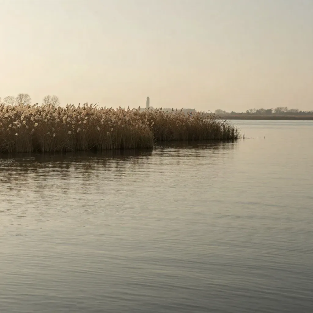 Laguna veneta calma con canneti, argini bassi e campanile lontano nella foschia