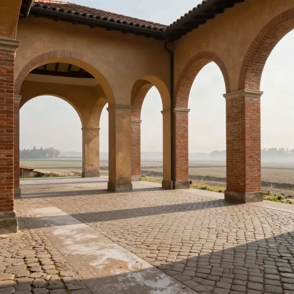 Portici di mattoni e campagna piatta dell’Emilia-Romagna, avvolti da luce del mattino.